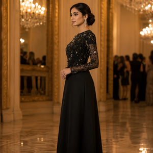 Vestido de Noche Negro Bordado de Lujo para Mujer, Elegante Vestido Largo de Manga Larga, Diseño Premium para Fiestas, Bodas y Eventos Formales - Product Image 3