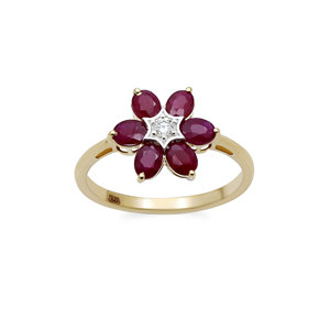 Bague en or jaune 14 carats avec rubis ovales et diamants, motif floral en étoile, bagues fines en pierres précieuses pour femmes, cadeau, mariage, fête, vente en gros - Product Image 1