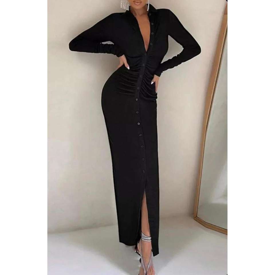 Women s Long Sleeve Half Magnetic Collar Gather Detail Buttoned Dress - 70397