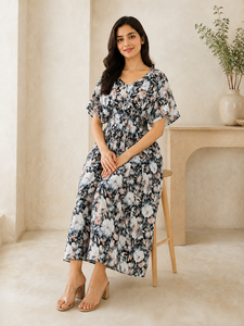 Robe MIDI Femme Imprimé Floral 2026 de Haute Qualité en Gros, Manches Courtes Volantes, Col en V, Couleur Blanche, Confortable, Vêtements Féminins - Product Image 3