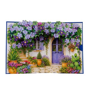 Tarjeta de felicitación 3D con diseño de casa de jardín emergente, con flores moradas y plantas en maceta. - Product Image 5