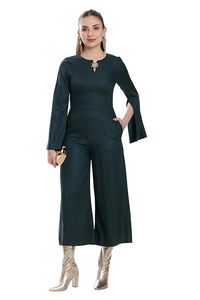 Combinaison élégante pour femme, taille haute, en satin, manches longues évasées, couleur unie, longueur cheville, coupe ample, ornée de strass - Product Image 1