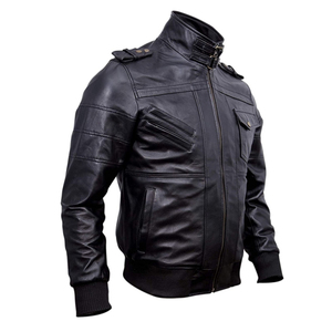 HARAZ Blouson moto slim coupe droite en cuir véritable noir pour homme, coupe-vent, col montant, fermeture éclair frontale, couleur unie, style urbain - Product Image 4