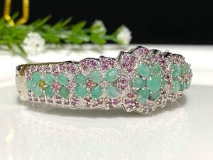 Vintage Emerald Tourmaline Rhodolite Bracelet Natural Gemstone Sterling <b>Silver</b> Jewelry Gift Women - Product Image 5