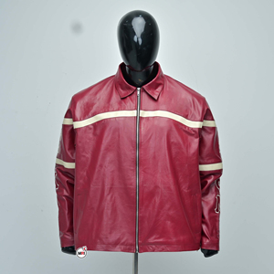 Factory Made <b>Mens</b> Red Real Leather <b>Jacket</b> With <b>White</b> Stripes Zipper Closure Turn-down Collar Casual Style Autumn Wear <b>Jackets</b> - Product Image 1