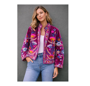 Bohemian Hand Embroidered <b>Velvet</b> Reversible Quilted Eco-Friendly Floral Ethnic Winter <b>Jacket</b> for <b>Women</b> - Product Image 1
