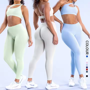 Ensemble de yoga 2 pièces pour femmes, haut court dos nageur noir et leggings taille haute longueur intégrale, sans couture, en Spandex et Polyester, extensible dans les quatre sens - Product Image 6