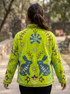 Green Velvet Embroidered Bomber <b>Jacket</b> Solid <b>Pattern</b> Stand Collar Full Sleeve Spring <b>Quilted</b> Handwork Design Eco-Friendly - Product Image 4