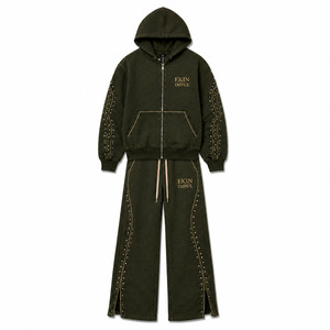 Conjunto de Sudadera con Capucha y Cremallera con Logotipo Personalizado, Lavado Vintage, Pedrería y Tachuelas, y Pantalones de Pierna Ancha, Lavado Ácido, 2 Piezas, Fabricante OEM 100% - Product Image 1