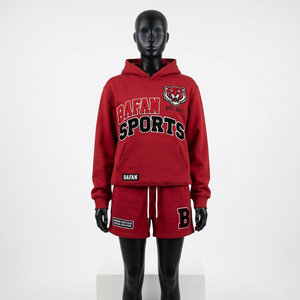 Ensemble sweat-shirt et short pour femme en molleton brossé 320 GSM, rouge, tissu coton lisse, logo brodé, ensembles pour femmes - Product Image 6