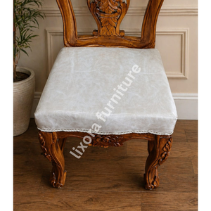 Silla de Comedor de Madera Maciza Hecha a Mano de Lujo con Tallado de Corona Real Ornamental y Asiento con Patrón de Mármol Blanco - Product Image 4