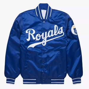 Chaqueta Universitaria Azul Rey Personalizada de Satén para Hombre, Chaqueta Bomber con Bordado de Letras, Uniforme de Béisbol al por Mayor - Product Image 1