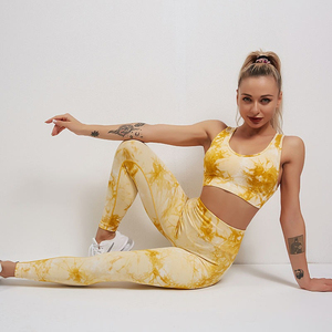 Women's 2 Piece Yoga Set <b>Tie</b> Dye Crop <b>Top</b> High <b>Waist</b> Leggings Seamless Crisscross Straps Workout Outfit - Product Image 5