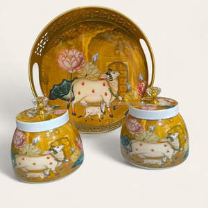 Juego de 2 bandejas metálicas Pichwai con tarro, para regalo - Product Image 1