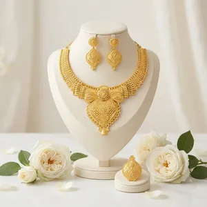 Nuevo y Hermoso Conjunto de Collar Corto con Dijes, Chapado en Oro de 18K, Cadena de Caja, Diseño Floral, Joyería Clásica de Latón de Un Gramo para Mujeres y Niñas - Product Image 3