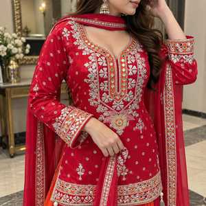 Royal Blue <b>Red</b> Indian Long Sharara <b>Suit</b> Set Women Intricate Mirror Embroidery Embellished Straight Kurta Flared Palazzo Pant - Product Image 3