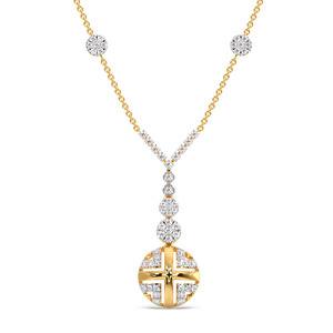 Royal Cross Drop Diamond <b>Necklace</b> with Graduated Sparkle Stations and Circular <b>Statement</b> Pendant - Product Image 1