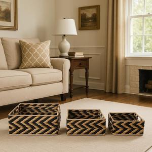 ชุดตะกร้าสานลายเชฟรอนสีธรรมชาติและสีดำ 3 ใบ ตะกร้าเก็บของทำมือ ขายส่ง เป็นมิตรกับสิ่งแวดล้อม ผลิตในเวียดนาม - Product Image 3