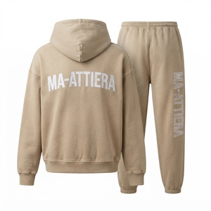 Ensemble survêtement streetwear en coton beige surdimensionné avec sweat à capuche et pantalon large – OEM ODM Vente en gros - Product Image 4