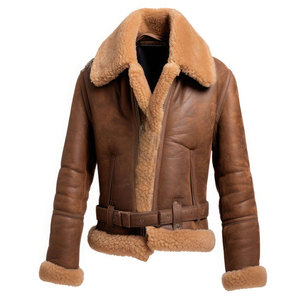Blouson aviateur en cuir véritable marron pour homme, doublure en fausse fourrure, fermeture éclair, style moto, vêtement d'extérieur d'hiver, col rabattu, ceinturé - Product Image 1
