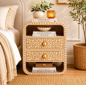 Mesa auxiliar moderna con incrustaciones de hueso gris y blanco, con un diseño floral de enredaderas, disponible a precios de mayorista. - Product Image 6