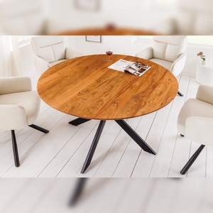 Mesa de comedor estilo rústico Vandana GALAXIE redonda de 130 cm con estructura de metal negro y madera de acacia natural. - Product Image 4