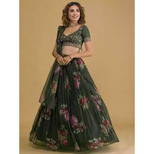 <b>Charming</b> Dark Green Floral Printed Organza Designer Lehenga Choli - Product Image 6