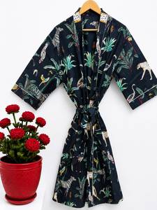Bata Kimono de Algodón con Estampado Floral Rosa para Mujer, Larga, Cuello en V, Manga 3/4, Cierre con Cordón, Transpirable, Ropa de Dormir Casual de Lujo - Product Image 3