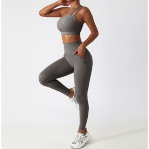 Women's <b>Blue</b> 2 Piece Seamless Yoga Set One Shoulder Sports <b>Bra</b> High Waist Full Length Leggings Stretch Activewear - Product Image 2