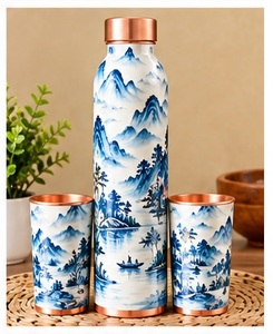 Elegent Copper <b>Water</b> <b>Bottle</b> Set with 2 Cups Black Floral Pattern <b>Metal</b> Flask Travel Drinkware - Product Image 4