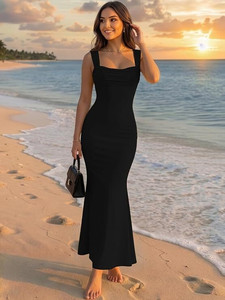 Vestido Largo de Satén Negro para Mujer con Cuello Cuadrado, Sin Mangas, Espalda Descubierta con Lazo, Diseño Exclusivo de Color Sólido para Otoño - Product Image 4