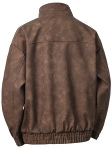 Blouson en cuir PU marron vieilli unisexe coupe ample col montant style motard personnalisé B2B streetwear coupe-vent vente en gros - Product Image 6