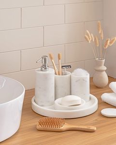 High on Demand Luxury White Marble Patterned Stoneware Bathroom <b>Set</b> <b>Soap</b> Dispenser and Wash Storage <b>Set</b> at Wholesale Price - Product Image 2