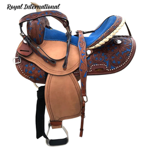อานม้าหนังแท้ ROYAL INTRNATIONAL รุ่นพรีเมียม สีน้ำเงิน ตกแต่งลายด้วยมือ สไตล์คาวบอยตะวันตก เหมาะสำหรับขี่ม้าเทรล แข่งบาร์เรลเรซซิ่ง และใช้งานในฟาร์มปศุสัตว์ - Product Image 1
