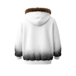 Sweat à capuche zippé pour homme, blanc, personnalisé avec strass, capuche en fourrure, polaire d'hiver, streetwear, avec motif moucheté dégradé - Product Image 3