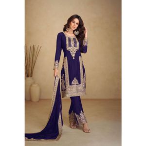 Ensemble Kurti Pant 3 pièces 
 
 5 paires de kurtis en tissu de soie chinon brodés de couleurs différentes, attrayants pour les fêtes, avec une coupe régulière - Product Image 6