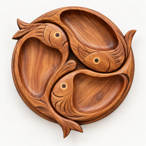 Plateau de service artisanal en bois en forme de poisson à plusieurs compartiments - Product Image 1