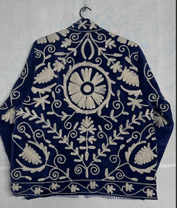 RAJASTHANI TEXTILE Deep blue Embroidered Leather <b>Jacket</b> Ladies Reversible Autumn Coat Floral Suzani Embroidery Quilted Bomber - Product Image 4