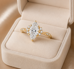 Bague de mariage de créateur en or massif 10K 14K 18K, certifiée IGI, clarté DEF VS VVS, motif floral filigrané, diamants de laboratoire taille marquise et ronde - Product Image 1