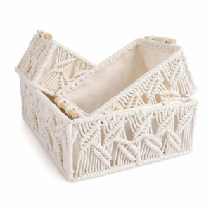 Set of 3 Macrame Luxurious Gift Storage <b>Baskets</b> with <b>Handles</b> Bohemian Style Multi-Purpose Rope Storage Organizers for Home Decor - Product Image 3