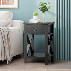 2pcs <b>Black</b> <b>Side</b> Intersection Style Bedside/Nightstand <b>Tables</b> with Two-Layer Drawer Coffee <b>Table</b> - Product Image 2