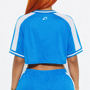Trendy Women Blue Cropped Mesh American Football Jersey Set Sporty Two Piece Outfit Breathable V Neck Sportswear Crop <b>top</b> shirt - Product Image 3