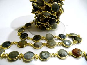 Chaîne en forme de pièce de monnaie ronde œil de chat naturel, facettée, 10 mm, avec serti - Product Image 1