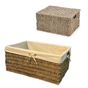 Wicker SEAGRASS STORAGE <b>BASKET</b> <b>with</b> <b>Lid</b> Cotton Liner Ideal for Kitchen, Bathroom, Living Room and Bedroom Storage - Product Image 1