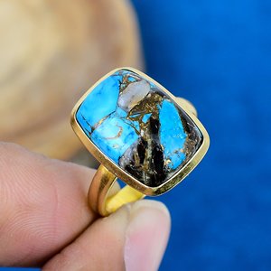 Natural Handmade Black Shell Copper <b>Turquoise</b> Cushion Shape Gemstone <b>Ring</b> 18k Gold Micron Over 925 Sterling Silver <b>Ring</b> - Product Image 1