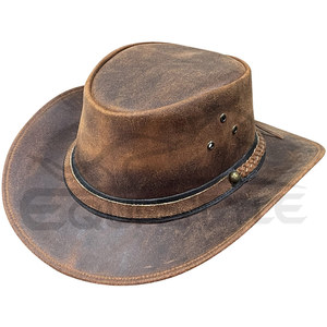 Vintage Brown Leather Cowboy <b>Hat</b> Wholesale Dual Style <b>Band</b> Plain Front Braided Back Unisex Fashion Rustic Western <b>Hats</b> - Product Image 1