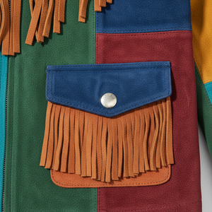 Premium Colorful Panel Work Western Fringe <b>Suede</b> Leather <b>Jacket</b> boho style - Product Image 3