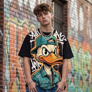 T-shirt pour homme style vintage streetwear avec imprimé de canard de dessin animé, manches courtes, col rond, impression DTF, coupe ample, 100% coton, noir et turquoise - Product Image 5