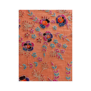 Tissu en tulle de luxe pêche, lourdement perlé, broderie florale 3D faite à la main, dentelle pour robe de bal haute couture, matière pour robe de mariée - Product Image 4