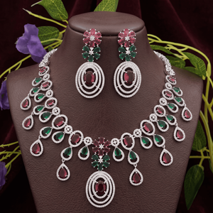 Collar de diamantes americanos chapado en plata con gemas rojas y verdes rubí, aretes a juego para novias, bodas y fiestas, conjuntos AD. - Product Image 3
